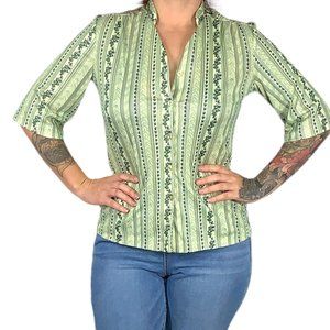 Vintage 70s Green Flora Stripe Button Up Half Sleeve Top Large